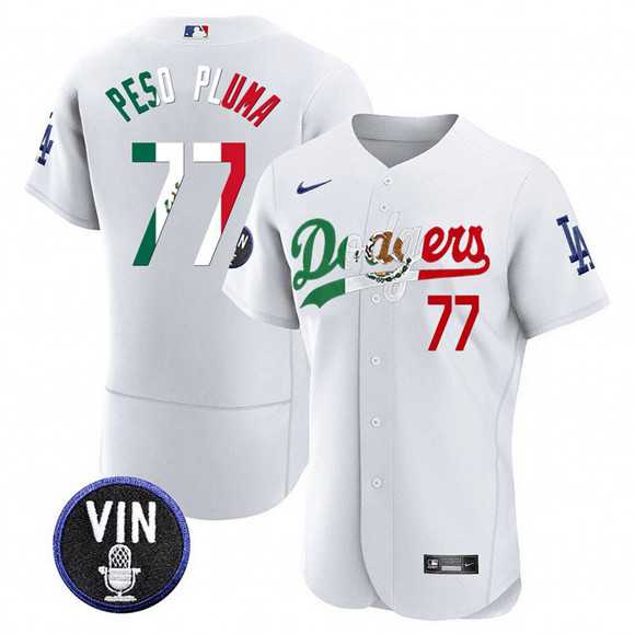 Mens Los Angeles Dodgers #77 Pezo Pluma White Mexico Special Vin Scully Patch Flex Base Stitched Jersey Dzhi